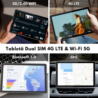 Tableta Android 15 VisionHub® 10.1 inch - 12GB RAM (6+6GB Extensibil), 128GB ROM, Octa-Core T606, 4G LTE + WiFi 5G, Camera Duala 8MP + 5MP, Baterie 8000mAh, Ecran IPS HD 1280x800, Bluetooth 5.0, GPS, USB-C