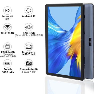 Tableta 10 Inchi VisionHub® Tronpad - Android 13, Performanta Rapida, Ecran HD IPS, Android 13, 64GB Stocare, 4GB RAM, Baterie 6000mAh, Camera Duala, USB-C, GPS, Wi-Fi