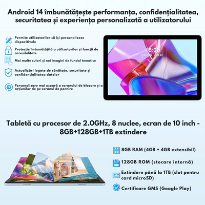 Tableta 2-in-1, de 10.1 inch, 8GB RAM (4+4GB Extensibil), 128GB ROM, Android 14, WiFi 5G & 2.4G, Baterie 8000mAh, Procesor Octa-Core Allwinner A523, Camera 8MP+2MP, Ecran IPS HD 1280x800, Suport Extindere Stocare 1TB, Bluetooth 5.2, Tastatura + Mouse+ Pix