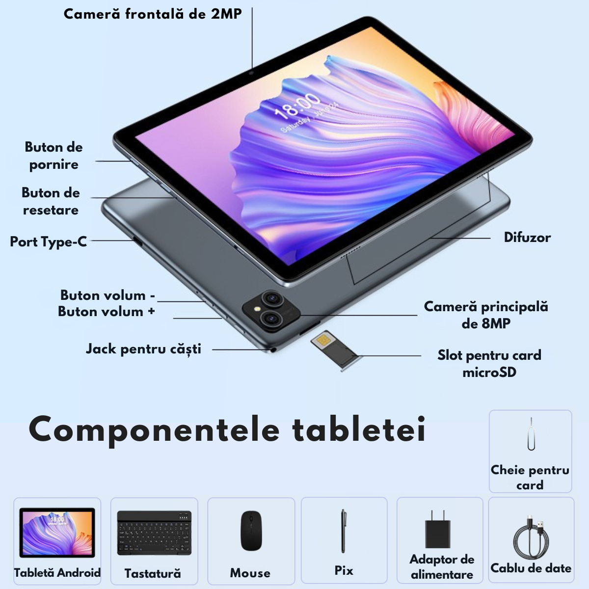 Tableta 2-in-1, de 10.1 inch, 8GB RAM (4+4GB Extensibil), 128GB ROM, Android 14, WiFi 5G & 2.4G, Baterie 8000mAh, Procesor Octa-Core Allwinner A523, Camera 8MP+2MP, Ecran IPS HD 1280x800, Suport Extindere Stocare 1TB, Bluetooth 5.2, Tastatura + Mouse+ Pix