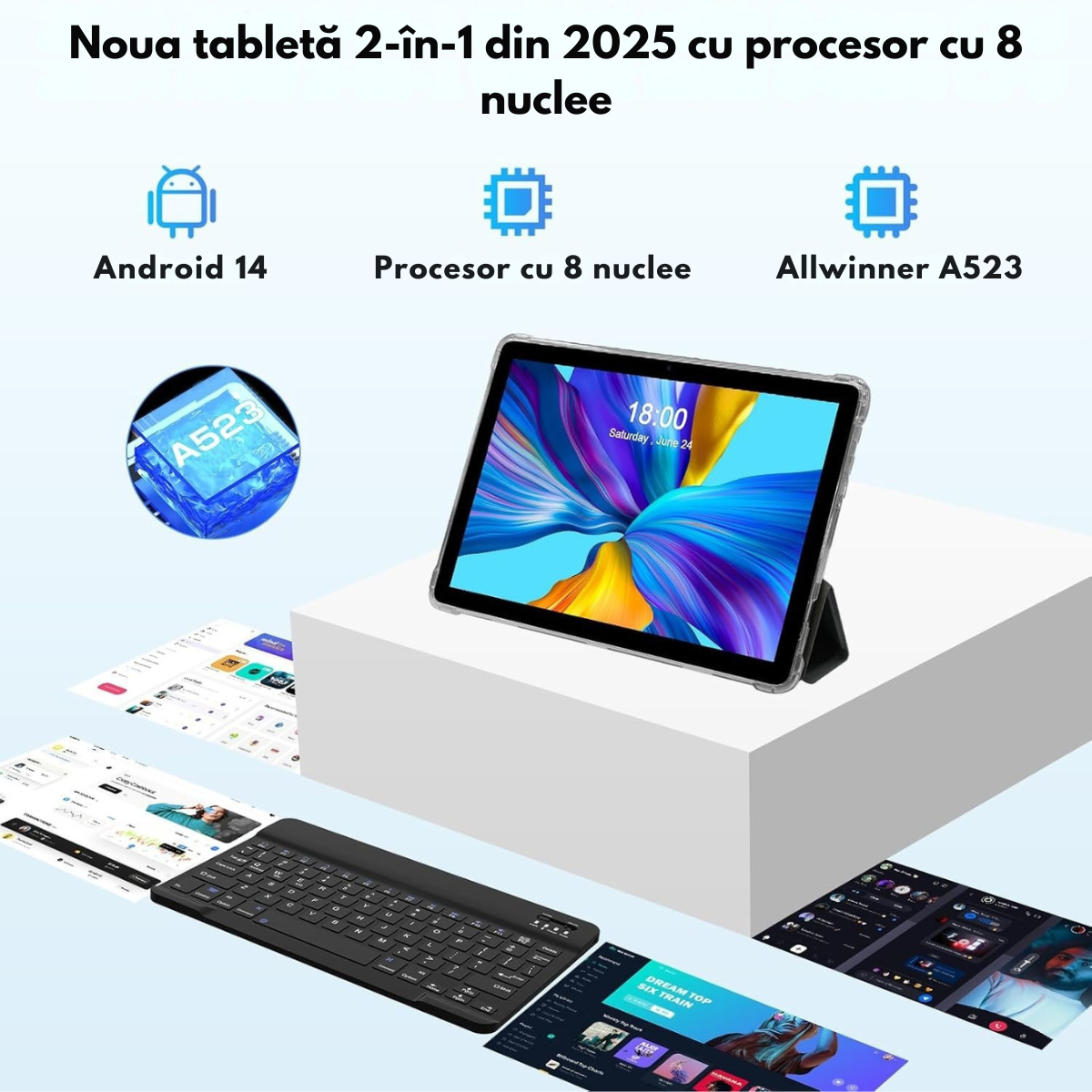 Tableta 2-in-1, de 10.1 inch, 8GB RAM (4+4GB Extensibil), 128GB ROM, Android 14, WiFi 5G & 2.4G, Baterie 8000mAh, Procesor Octa-Core Allwinner A523, Camera 8MP+2MP, Ecran IPS HD 1280x800, Suport Extindere Stocare 1TB, Bluetooth 5.2, Tastatura + Mouse+ Pix