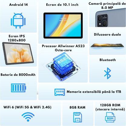 Tableta 2-in-1, de 10.1 inch, 8GB RAM (4+4GB Extensibil), 128GB ROM, Android 14, WiFi 5G & 2.4G, Baterie 8000mAh, Procesor Octa-Core Allwinner A523, Camera 8MP+2MP, Ecran IPS HD 1280x800, Suport Extindere Stocare 1TB, Bluetooth 5.2, Tastatura + Mouse+ Pix