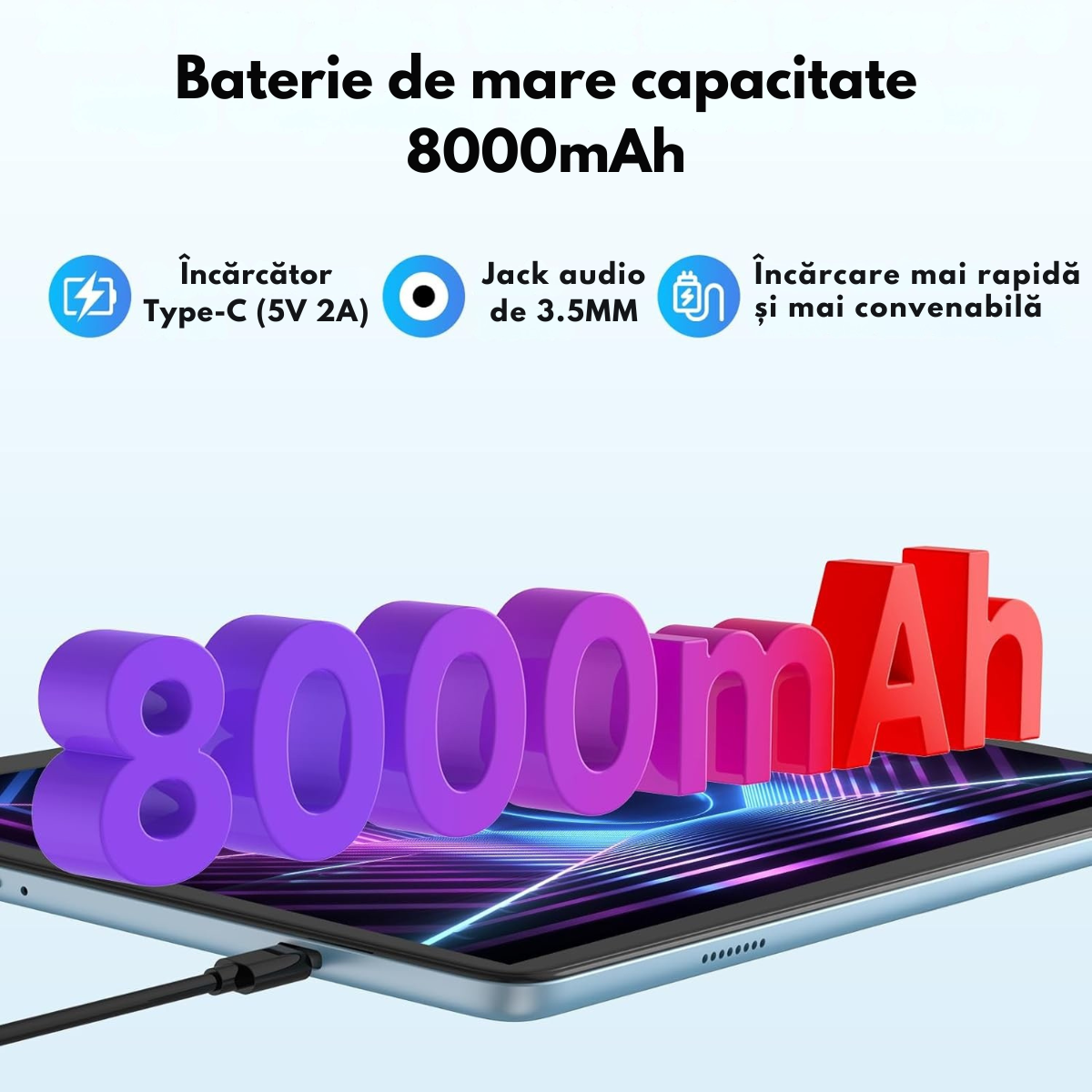 Tableta 2-in-1, de 10.1 inch, 8GB RAM (4+4GB Extensibil), 128GB ROM, Android 14, WiFi 5G & 2.4G, Baterie 8000mAh, Procesor Octa-Core Allwinner A523, Camera 8MP+2MP, Ecran IPS HD 1280x800, Suport Extindere Stocare 1TB, Bluetooth 5.2, Tastatura + Mouse+ Pix