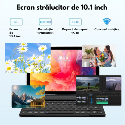 Tableta 2-in-1, de 10.1 inch, 8GB RAM (4+4GB Extensibil), 128GB ROM, Android 14, WiFi 5G & 2.4G, Baterie 8000mAh, Procesor Octa-Core Allwinner A523, Camera 8MP+2MP, Ecran IPS HD 1280x800, Suport Extindere Stocare 1TB, Bluetooth 5.2, Tastatura + Mouse+ Pix