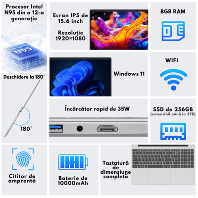 Laptop Ultra-Performant 15.6” IPS FHD (1920x1080), Intel N95 (12th Gen) pana la 3.4GHz, 8GB RAM, 256GB SSD (Extensibil pana la 2TB), Windows 11, Baterie 10000mAh, WiFi & Bluetooth 5.2, Tastatura Full Size cu Cititor Amprenta, 4 Difuzoare Stereo, HDMI, USB