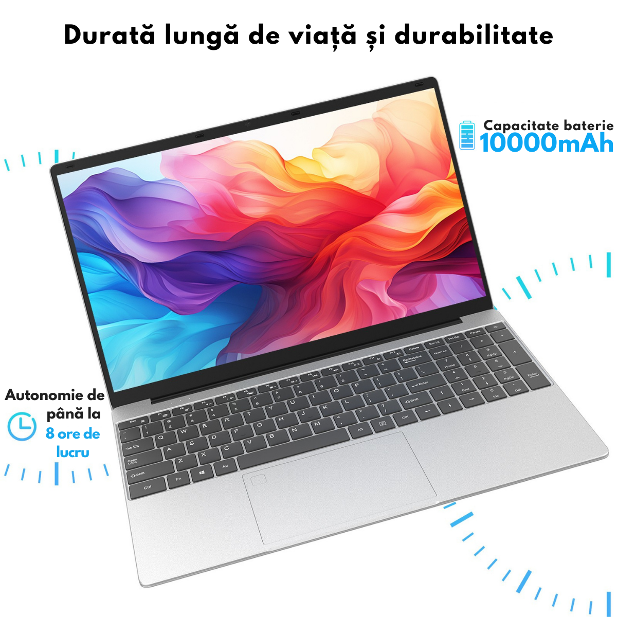 Laptop Ultra-Performant 15.6” IPS FHD (1920x1080), Intel N95 (12th Gen) pana la 3.4GHz, 8GB RAM, 256GB SSD (Extensibil pana la 2TB), Windows 11, Baterie 10000mAh, WiFi & Bluetooth 5.2, Tastatura Full Size cu Cititor Amprenta, 4 Difuzoare Stereo, HDMI, USB