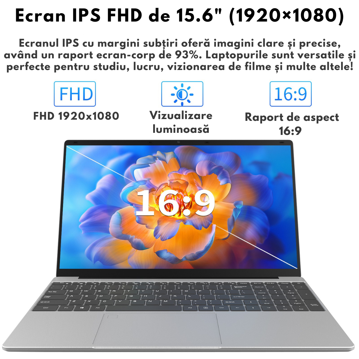 Laptop Ultra-Performant 15.6” IPS FHD (1920x1080), Intel N95 (12th Gen) pana la 3.4GHz, 8GB RAM, 256GB SSD (Extensibil pana la 2TB), Windows 11, Baterie 10000mAh, WiFi & Bluetooth 5.2, Tastatura Full Size cu Cititor Amprenta, 4 Difuzoare Stereo, HDMI, USB
