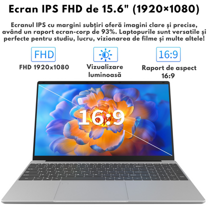 Laptop Ultra-Performant 15.6” IPS FHD (1920x1080), Intel N95 (12th Gen) pana la 3.4GHz, 8GB RAM, 256GB SSD (Extensibil pana la 2TB), Windows 11, Baterie 10000mAh, WiFi & Bluetooth 5.2, Tastatura Full Size cu Cititor Amprenta, 4 Difuzoare Stereo, HDMI, USB