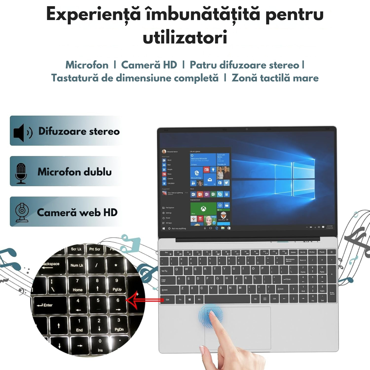 Laptop Ultra-Performant 15.6” IPS FHD (1920x1080), Intel N95 (12th Gen) pana la 3.4GHz, 8GB RAM, 256GB SSD (Extensibil pana la 2TB), Windows 11, Baterie 10000mAh, WiFi & Bluetooth 5.2, Tastatura Full Size cu Cititor Amprenta, 4 Difuzoare Stereo, HDMI, USB