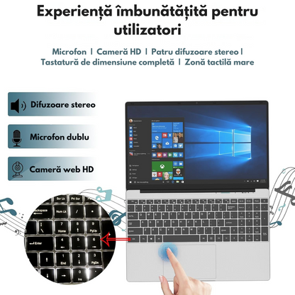 Laptop Ultra-Performant 15.6” IPS FHD (1920x1080), Intel N95 (12th Gen) pana la 3.4GHz, 8GB RAM, 256GB SSD (Extensibil pana la 2TB), Windows 11, Baterie 10000mAh, WiFi & Bluetooth 5.2, Tastatura Full Size cu Cititor Amprenta, 4 Difuzoare Stereo, HDMI, USB