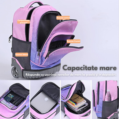 Ghiozdan Troler Multifunctional cu Rotile, Rucsac de Capacitate Mare, Pentru Fete si Baieti, Ideal pentru Scoala si Calatorii, Roti Rezistente, Impermeabil, Sistem troler telescopi, Compartimente multiple, 31x21x48 cm, Roz