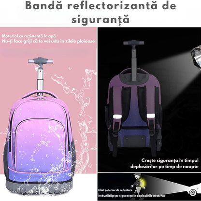 Ghiozdan Troler Multifunctional cu Rotile, Rucsac de Capacitate Mare, Pentru Fete si Baieti, Ideal pentru Scoala si Calatorii, Roti Rezistente, Impermeabil, Sistem troler telescopi, Compartimente multiple, 31x21x48 cm, Roz