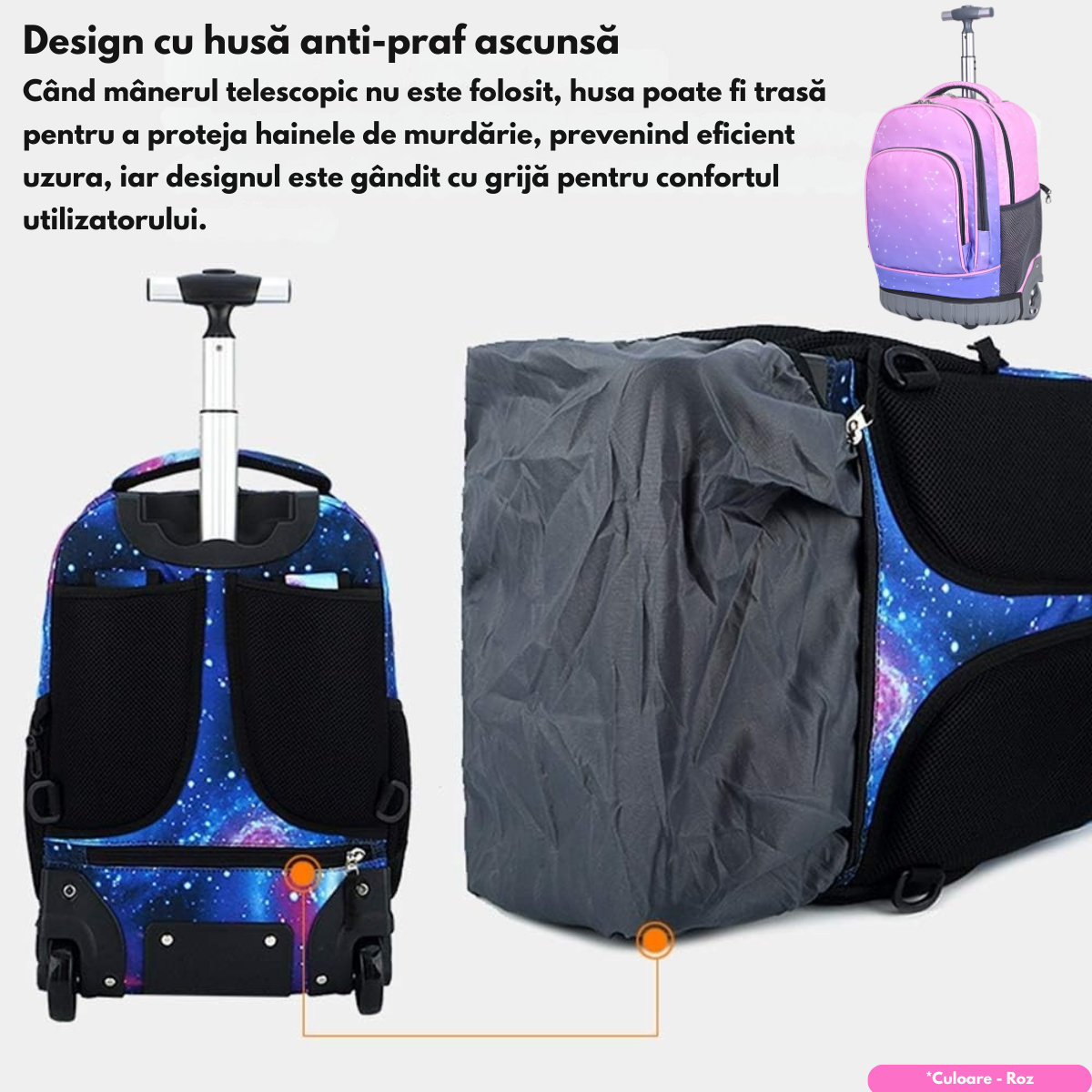 Ghiozdan Troler Multifunctional cu Rotile, Rucsac de Capacitate Mare, Pentru Fete si Baieti, Ideal pentru Scoala si Calatorii, Roti Rezistente, Impermeabil, Sistem troler telescopi, Compartimente multiple, 31x21x48 cm, Roz