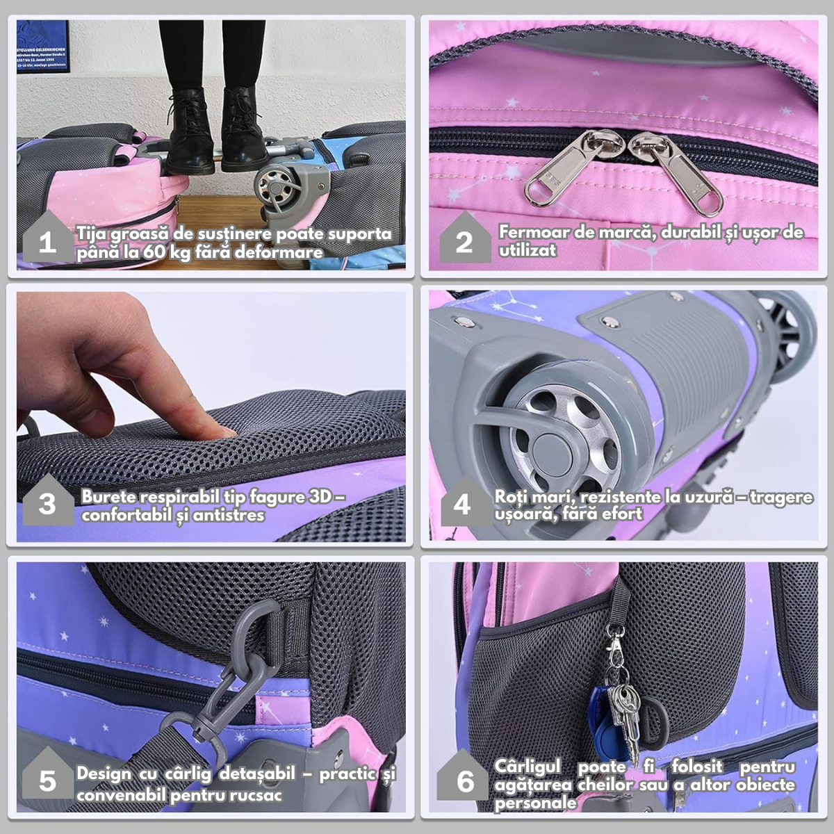 Ghiozdan Troler Multifunctional cu Rotile, Rucsac de Capacitate Mare, Pentru Fete si Baieti, Ideal pentru Scoala si Calatorii, Roti Rezistente, Impermeabil, Sistem troler telescopi, Compartimente multiple, 31x21x48 cm, Roz