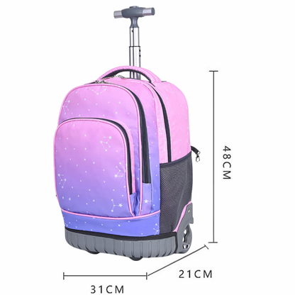 Ghiozdan Troler Multifunctional cu Rotile, Rucsac de Capacitate Mare, Pentru Fete si Baieti, Ideal pentru Scoala si Calatorii, Roti Rezistente, Impermeabil, Sistem troler telescopi, Compartimente multiple, 31x21x48 cm, Roz