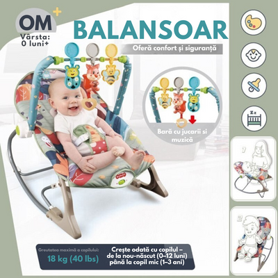 Balansoar si scaun electric 3 in 1 pentru bebelusi, VisionHub®, Multifunctional cu Cantece si vibratii linistitoare, Centura in 3 puncte si Spatar Reglabil, bara cu jucarii, husa detasabila, 0-18kg, Gri