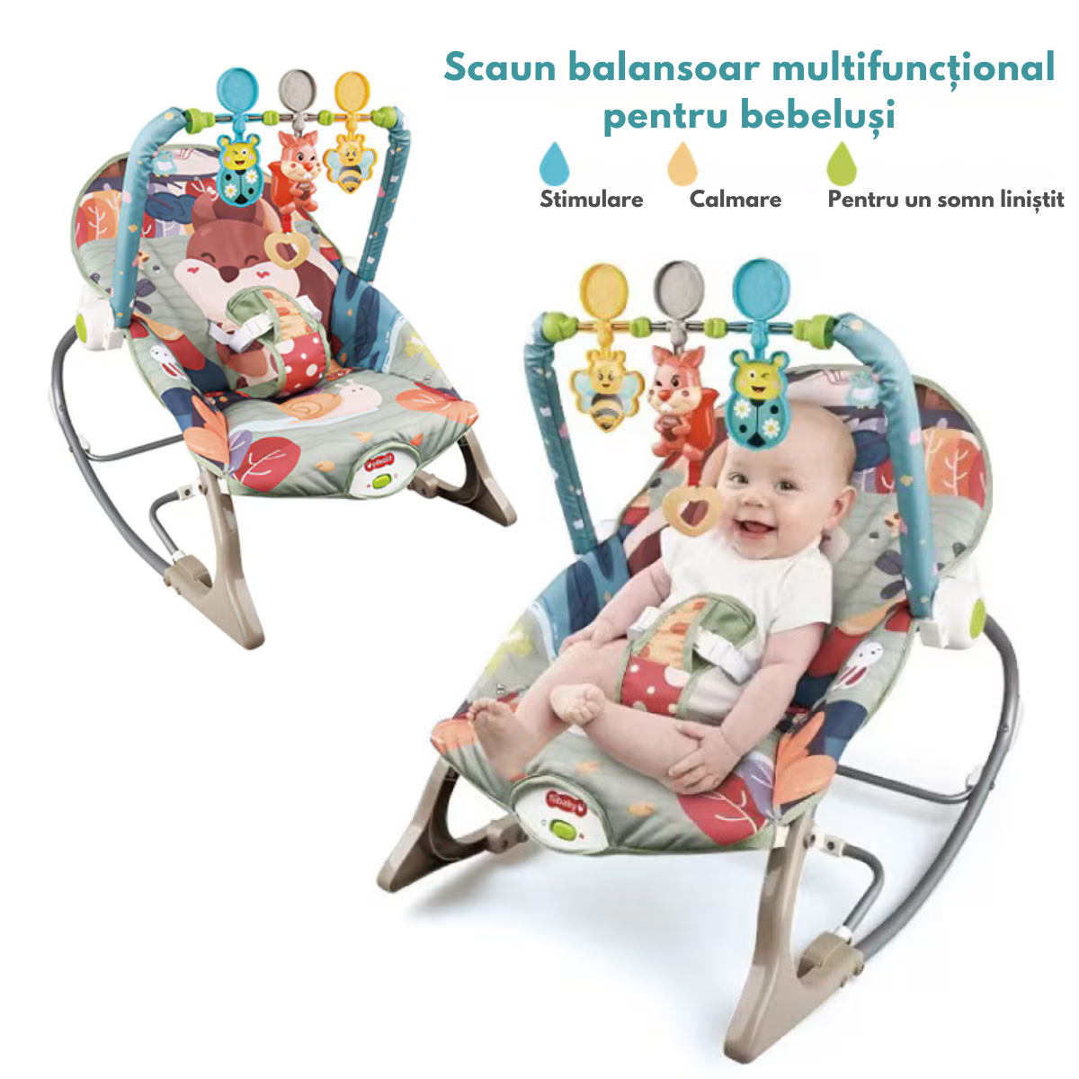 Balansoar si scaun electric 3 in 1 pentru bebelusi, VisionHub®, Multifunctional cu Cantece si vibratii linistitoare, Centura in 3 puncte si Spatar Reglabil, bara cu jucarii, husa detasabila, 0-18kg, Gri