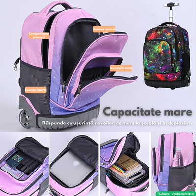 Ghiozdan Troler Multifunctional cu Rotile, Rucsac de Capacitate Mare, Pentru Fete si Baieti, Ideal pentru Scoala si Calatorii, Roti Rezistente, Impermeabil, Sistem troler telescopi, Compartimente multiple, 31x21x48 cm, Verde