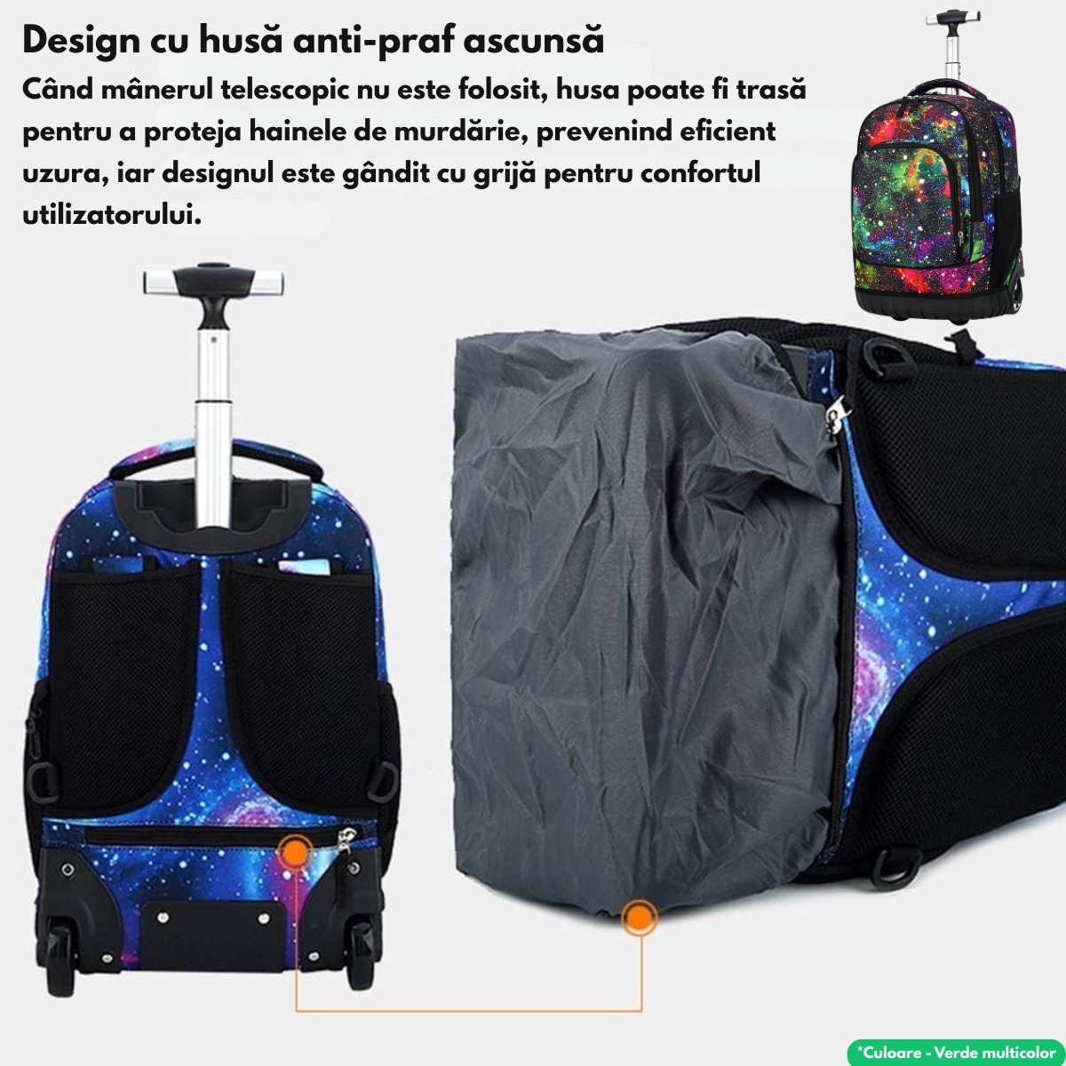 Ghiozdan Troler Multifunctional cu Rotile, Rucsac de Capacitate Mare, Pentru Fete si Baieti, Ideal pentru Scoala si Calatorii, Roti Rezistente, Impermeabil, Sistem troler telescopi, Compartimente multiple, 31x21x48 cm, Verde