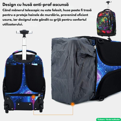 Ghiozdan Troler Multifunctional cu Rotile, Rucsac de Capacitate Mare, Pentru Fete si Baieti, Ideal pentru Scoala si Calatorii, Roti Rezistente, Impermeabil, Sistem troler telescopi, Compartimente multiple, 31x21x48 cm, Verde