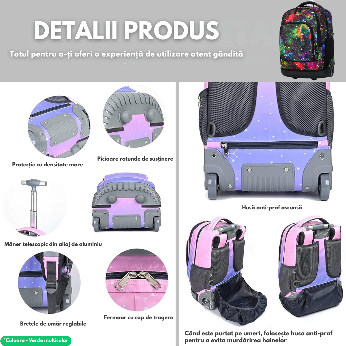 Ghiozdan Troler Multifunctional cu Rotile, Rucsac de Capacitate Mare, Pentru Fete si Baieti, Ideal pentru Scoala si Calatorii, Roti Rezistente, Impermeabil, Sistem troler telescopi, Compartimente multiple, 31x21x48 cm, Verde
