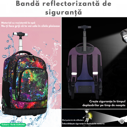 Ghiozdan Troler Multifunctional cu Rotile, Rucsac de Capacitate Mare, Pentru Fete si Baieti, Ideal pentru Scoala si Calatorii, Roti Rezistente, Impermeabil, Sistem troler telescopi, Compartimente multiple, 31x21x48 cm, Verde