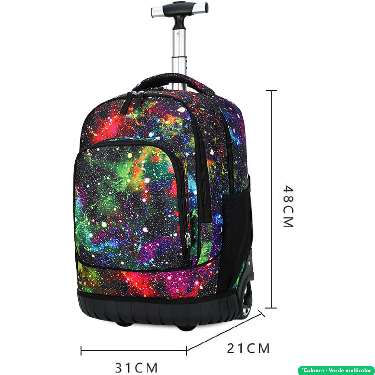 Ghiozdan Troler Multifunctional cu Rotile, Rucsac de Capacitate Mare, Pentru Fete si Baieti, Ideal pentru Scoala si Calatorii, Roti Rezistente, Impermeabil, Sistem troler telescopi, Compartimente multiple, 31x21x48 cm, Verde