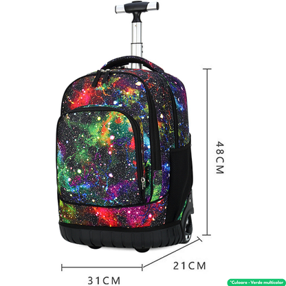 Ghiozdan Troler Multifunctional cu Rotile, Rucsac de Capacitate Mare, Pentru Fete si Baieti, Ideal pentru Scoala si Calatorii, Roti Rezistente, Impermeabil, Sistem troler telescopi, Compartimente multiple, 31x21x48 cm, Verde