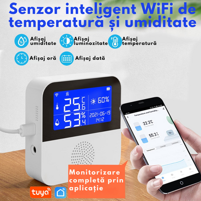 Senzor Temperatura / Umiditate WiFi Inteligent, VisionHub®, Termometru Monitorizare prin Aplicatie, Sonda Externa, Ecran LCD 2.9", Compatibil cu Tuya/Smart Life/Alexa/Google Assistant, Inregistrarea datelor, Alarme, Baterie urgenta reincarcabila, 2.4GHz