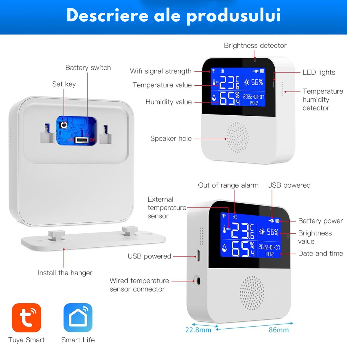Senzor Temperatura / Umiditate WiFi Inteligent, VisionHub®, Termometru Monitorizare prin Aplicatie, Sonda Externa, Ecran LCD 2.9", Compatibil cu Tuya/Smart Life/Alexa/Google Assistant, Inregistrarea datelor, Alarme, Baterie urgenta reincarcabila, 2.4GHz