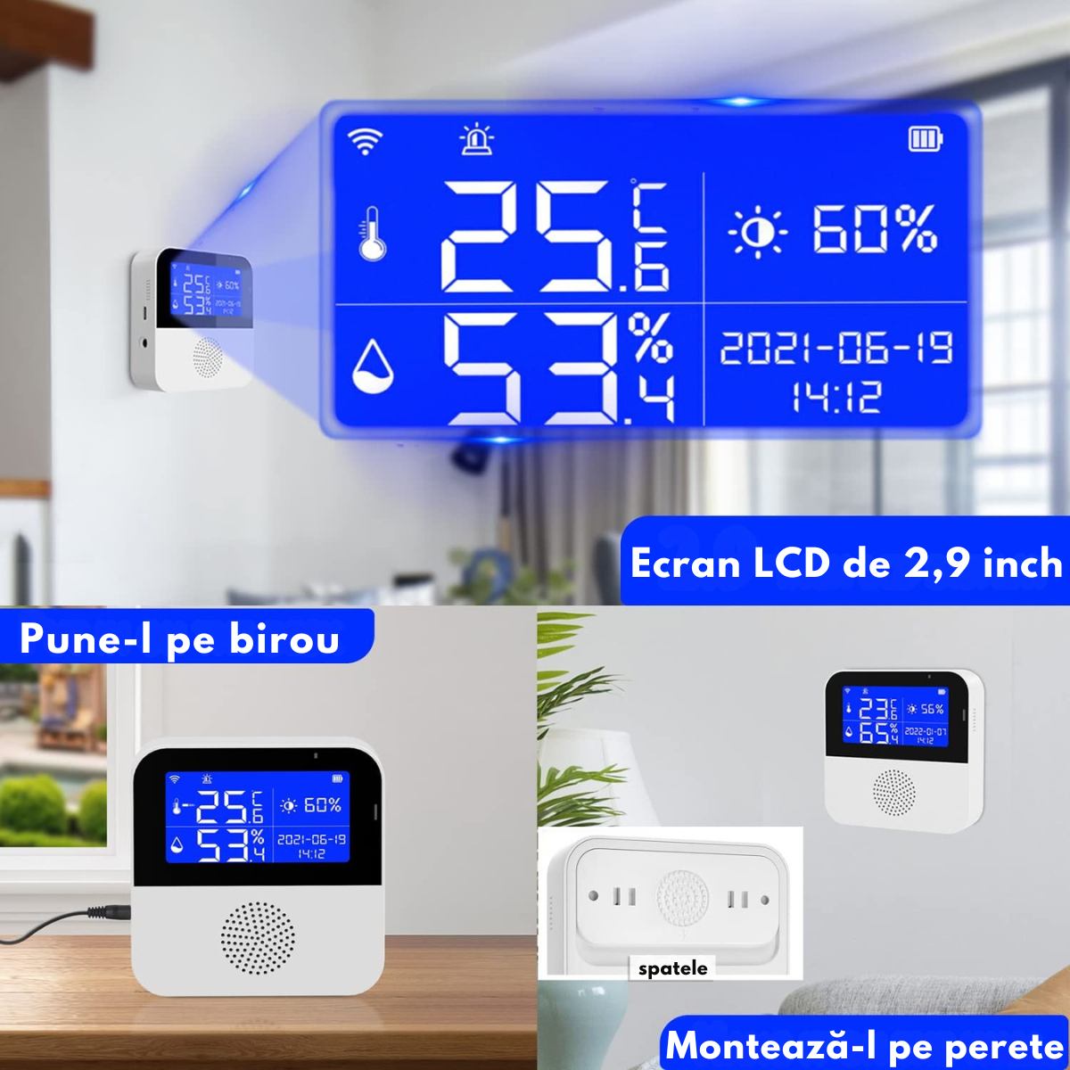 Senzor Temperatura / Umiditate WiFi Inteligent, VisionHub®, Termometru Monitorizare prin Aplicatie, Sonda Externa, Ecran LCD 2.9", Compatibil cu Tuya/Smart Life/Alexa/Google Assistant, Inregistrarea datelor, Alarme, Baterie urgenta reincarcabila, 2.4GHz