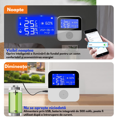 Senzor Temperatura / Umiditate WiFi Inteligent, VisionHub®, Termometru Monitorizare prin Aplicatie, Sonda Externa, Ecran LCD 2.9", Compatibil cu Tuya/Smart Life/Alexa/Google Assistant, Inregistrarea datelor, Alarme, Baterie urgenta reincarcabila, 2.4GHz