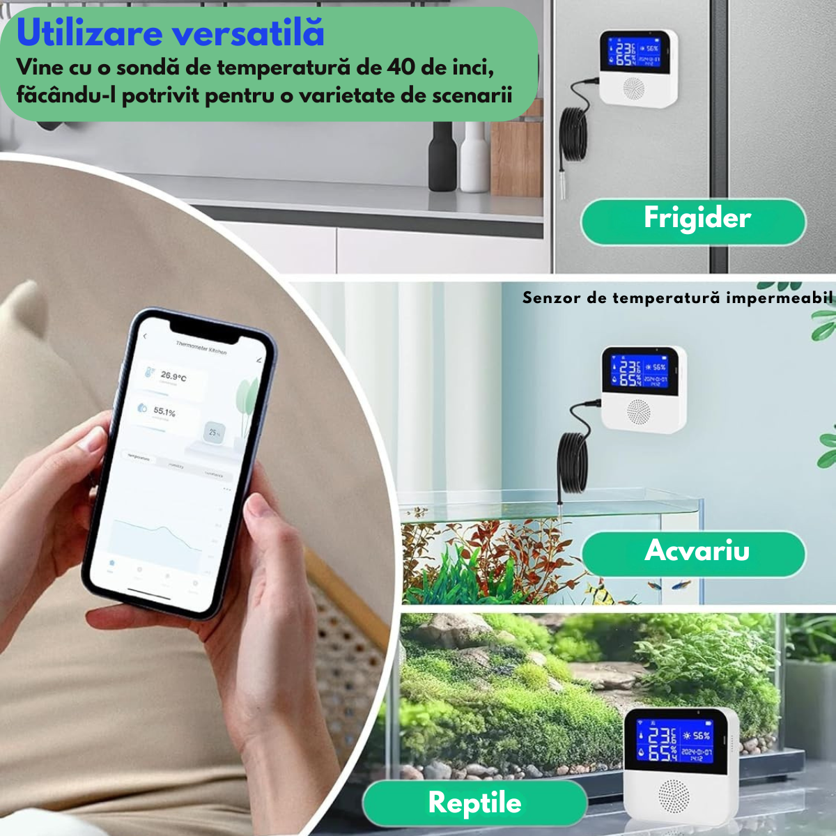Senzor Temperatura / Umiditate WiFi Inteligent, VisionHub®, Termometru Monitorizare prin Aplicatie, Sonda Externa, Ecran LCD 2.9", Compatibil cu Tuya/Smart Life/Alexa/Google Assistant, Inregistrarea datelor, Alarme, Baterie urgenta reincarcabila, 2.4GHz