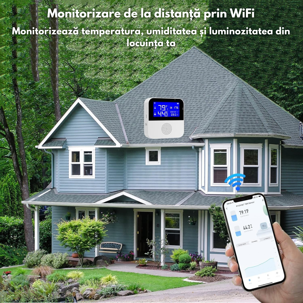 Senzor Temperatura / Umiditate WiFi Inteligent, VisionHub®, Termometru Monitorizare prin Aplicatie, Sonda Externa, Ecran LCD 2.9", Compatibil cu Tuya/Smart Life/Alexa/Google Assistant, Inregistrarea datelor, Alarme, Baterie urgenta reincarcabila, 2.4GHz