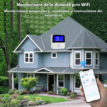 Senzor Temperatura / Umiditate WiFi Inteligent, VisionHub®, Termometru Monitorizare prin Aplicatie, Sonda Externa, Ecran LCD 2.9", Compatibil cu Tuya/Smart Life/Alexa/Google Assistant, Inregistrarea datelor, Alarme, Baterie urgenta reincarcabila, 2.4GHz