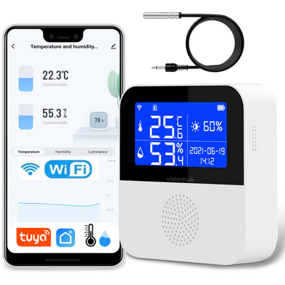 Senzor Temperatura / Umiditate WiFi Inteligent, VisionHub®, Termometru Monitorizare prin Aplicatie, Sonda Externa, Ecran LCD 2.9", Compatibil cu Tuya/Smart Life/Alexa/Google Assistant, Inregistrarea datelor, Alarme, Baterie urgenta reincarcabila, 2.4GHz