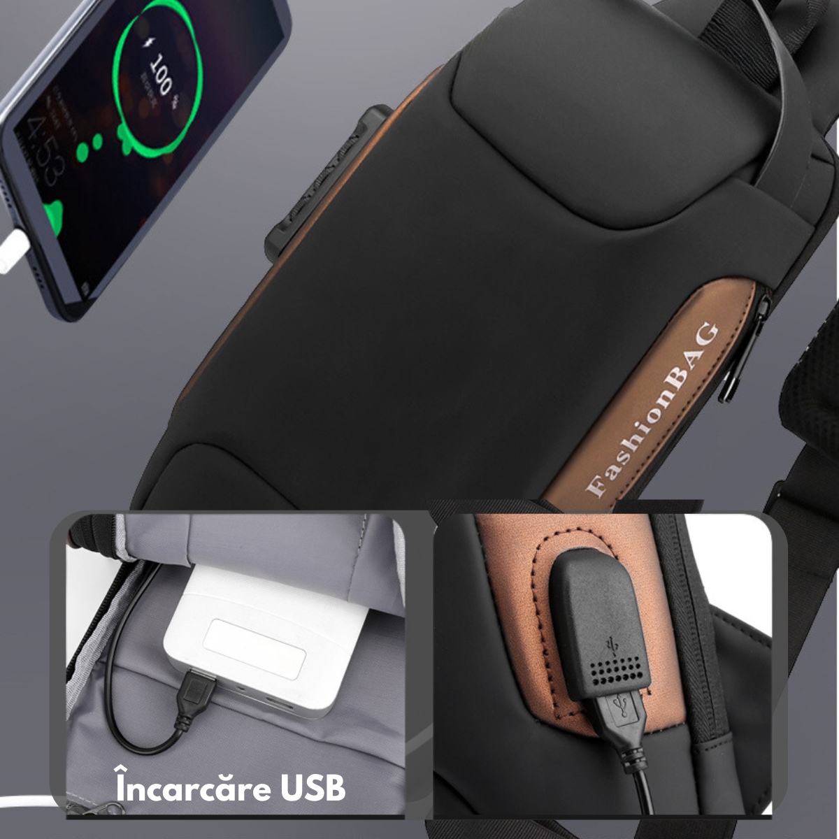 Geanta de Umar sau de Mana pentru Barbati, Borseta Crossbody – Multifunctionala, Sistem Anti-Furt, Compartimente Multiple, Impermeabila, Design Ergonomic cu Port USB Extern, Ideala pentru Calatorii si Utilizare Zilnica, 33x17x9 cm, Neagra