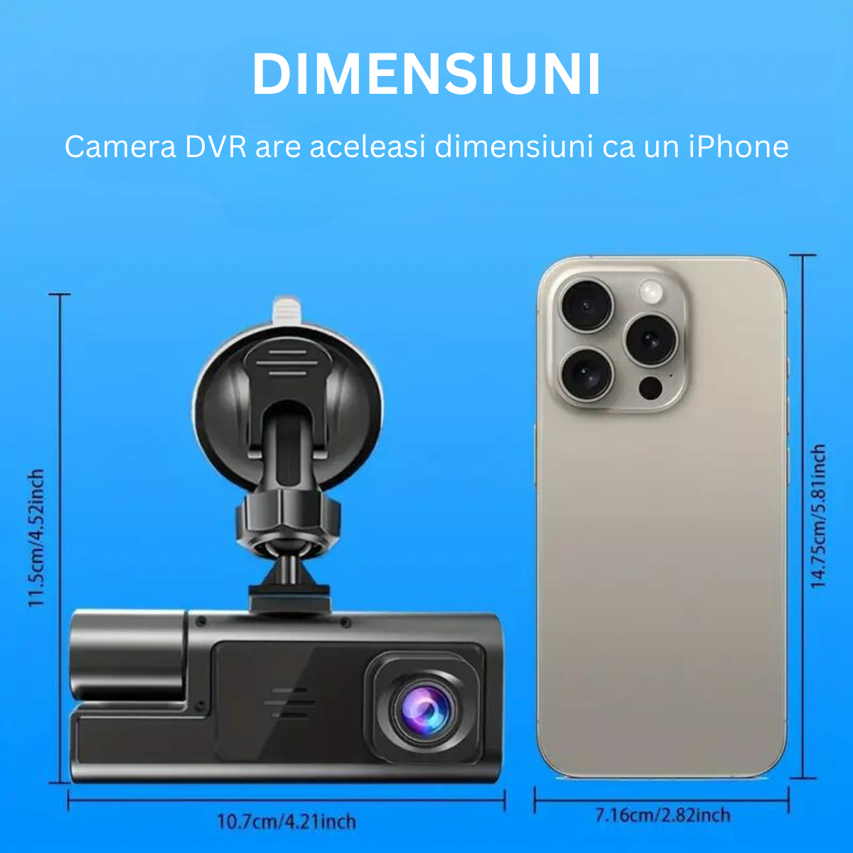 Camera Auto Tripla de bord Full HD 1080P VisionHub®, WIFI, G-Senzor Reglabil, Aplicatie Pe Telefon, Night Vision, Loop Recording, Unghi Larg 170°, Ecran IPS De 2,0 Inch, DVR cu Camera Fata - Spat + Interior incluse, Negru
