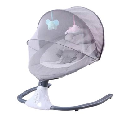 Leagan electric pentru bebelusi, cu telecomanda, muzica, plasa de tantari si jucarii suspendate, gri