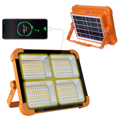 Proiector solar LED HighPower, cu 360 de LED-uri, 4 tipuri de iluminare, Waterproof, Incarcare telefon, Indicator led baterie, Maner de prindere, Carlig de prindere, lumina alba, calda, mixta, rosu si albastru