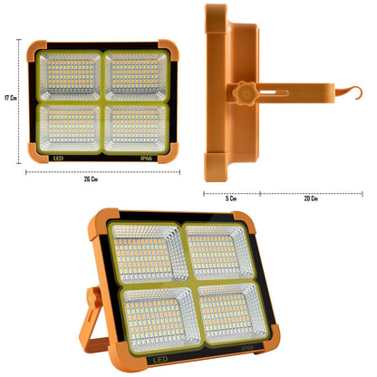 Proiector solar LED HighPower, cu 360 de LED-uri, 4 tipuri de iluminare, Waterproof, Incarcare telefon, Indicator led baterie, Maner de prindere, Carlig de prindere, lumina alba, calda, mixta, rosu si albastru
