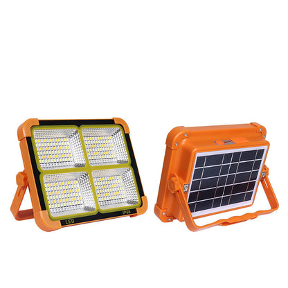 Proiector solar LED HighPower, cu 360 de LED-uri, 4 tipuri de iluminare, Waterproof, Incarcare telefon, Indicator led baterie, Maner de prindere, Carlig de prindere, lumina alba, calda, mixta, rosu si albastru