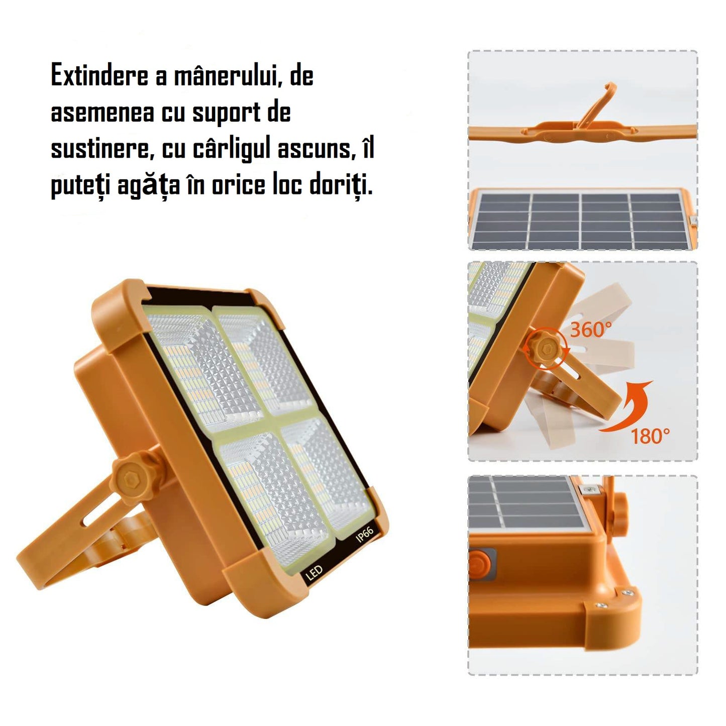 Proiector solar LED HighPower, cu 360 de LED-uri, 4 tipuri de iluminare, Waterproof, Incarcare telefon, Indicator led baterie, Maner de prindere, Carlig de prindere, lumina alba, calda, mixta, rosu si albastru