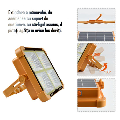 Proiector solar LED HighPower, cu 360 de LED-uri, 4 tipuri de iluminare, Waterproof, Incarcare telefon, Indicator led baterie, Maner de prindere, Carlig de prindere, lumina alba, calda, mixta, rosu si albastru