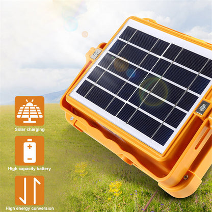 Proiector solar LED HighPower, cu 360 de LED-uri, 4 tipuri de iluminare, Waterproof, Incarcare telefon, Indicator led baterie, Maner de prindere, Carlig de prindere, lumina alba, calda, mixta, rosu si albastru