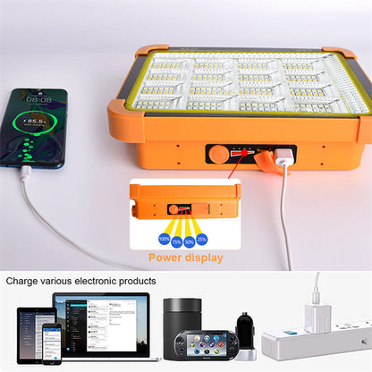 Proiector solar LED portabil multifunctional, cu 192 de LED-uri, 4 tipuri de iluminare, Waterproof, Incarcare telefon, Indicator led baterie, Maner, Carlig de prindere, lumina alba, calda, mixta, rosu si albastru