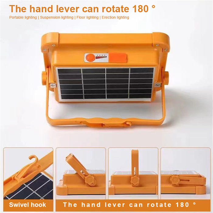 Proiector solar LED portabil multifunctional, cu 192 de LED-uri, 4 tipuri de iluminare, Waterproof, Incarcare telefon, Indicator led baterie, Maner, Carlig de prindere, lumina alba, calda, mixta, rosu si albastru