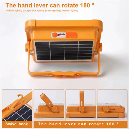 Proiector solar LED portabil multifunctional, cu 192 de LED-uri, 4 tipuri de iluminare, Waterproof, Incarcare telefon, Indicator led baterie, Maner, Carlig de prindere, lumina alba, calda, mixta, rosu si albastru