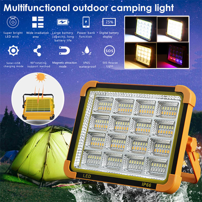 Proiector solar LED portabil multifunctional, cu 192 de LED-uri, 4 tipuri de iluminare, Waterproof, Incarcare telefon, Indicator led baterie, Maner, Carlig de prindere, lumina alba, calda, mixta, rosu si albastru