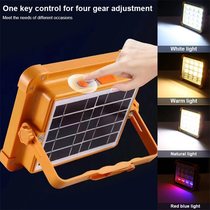 Proiector solar LED portabil multifunctional, cu 192 de LED-uri, 4 tipuri de iluminare, Waterproof, Incarcare telefon, Indicator led baterie, Maner, Carlig de prindere, lumina alba, calda, mixta, rosu si albastru